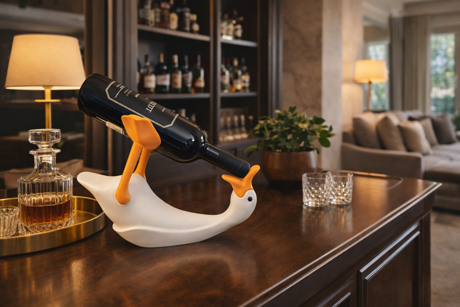 Suporte de Garrafa Porta-Vinho Pato Equilibrista